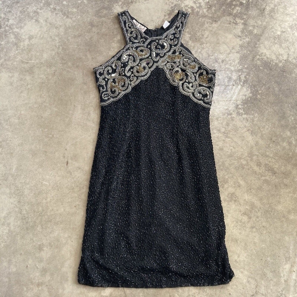 Lawrence Kazar Dress Womens Size Medium Black Silk‎ All Over Beaded Short